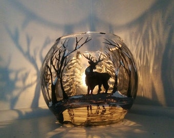 Art Black Deer in winter forest hand painted on glass bowl beautiful shadow candle holder