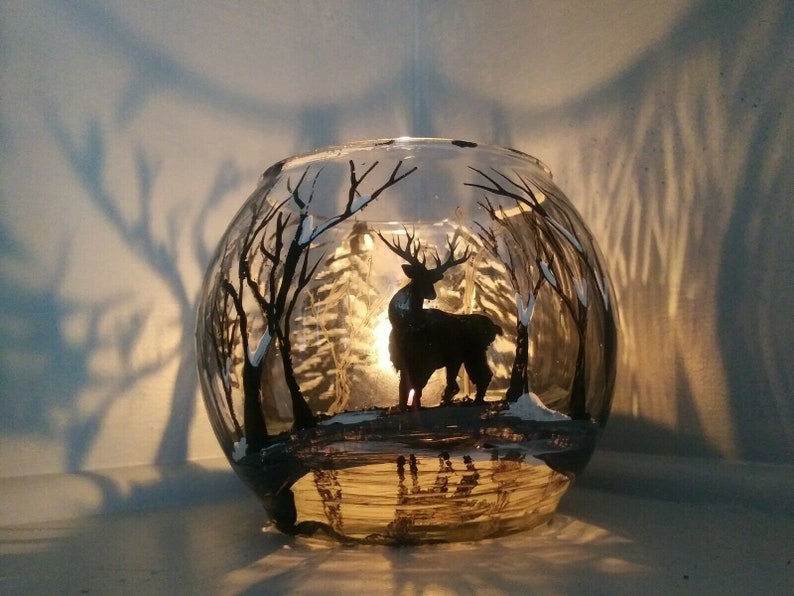 Art Black Deer in winter forest hand painted on glass bowl beautiful shadow candle holder