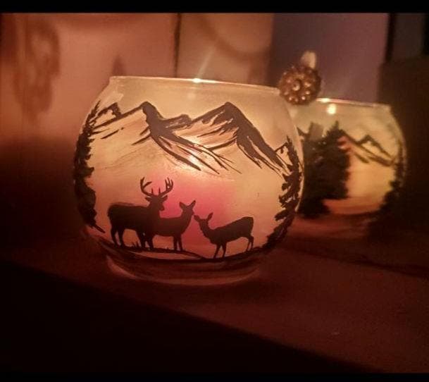 Hand Painted Deer Glass Candle Holder: Winter Mountain Scene - Thumbnail 5