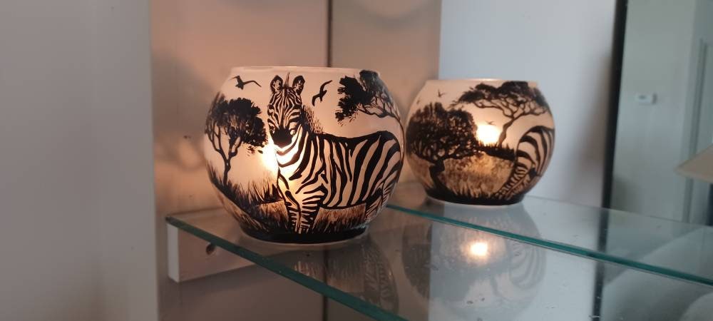 Zebra in savanna hand painted candle holder 4"x5" - Thumbnail 6