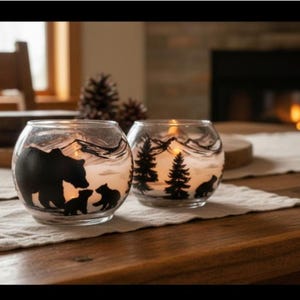 Hand Painted Bear Landscape Candle Holder, customized gift, Christmas gift, handmade Artwork