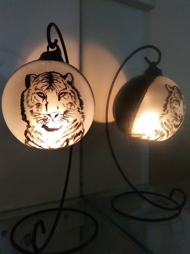 Tiger inside his cave gift candle holder hand painted on glass and stander.