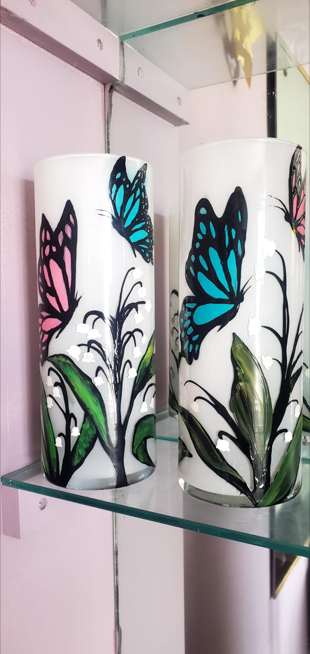 Hand Painted Butterfly & Lily Candle Holder Set: Cylinder Glass Gift - Thumbnail 2