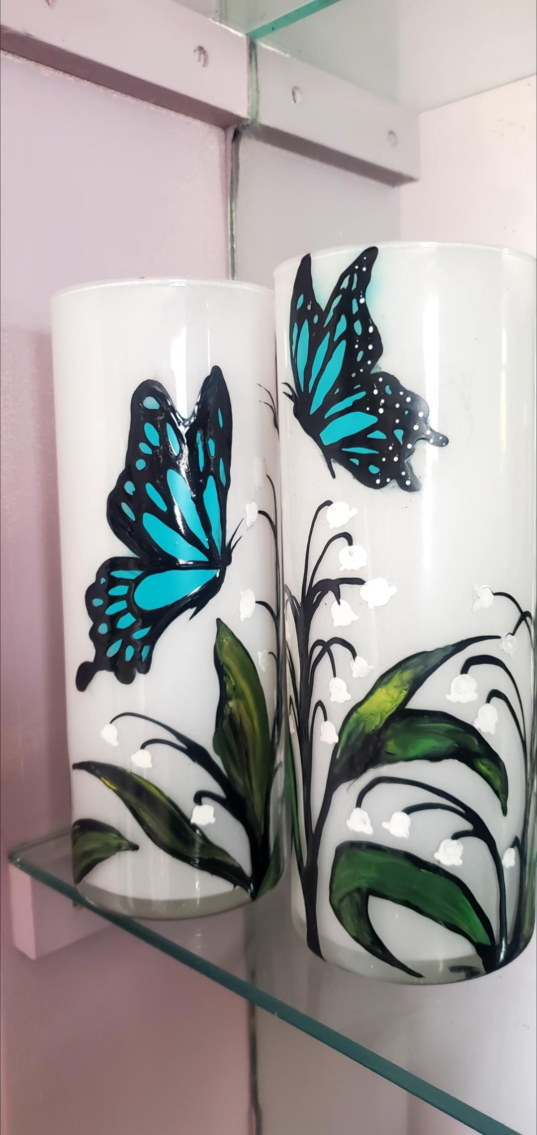 Hand Painted Butterfly & Lily Candle Holder Set: Cylinder Glass Gift - Thumbnail 4