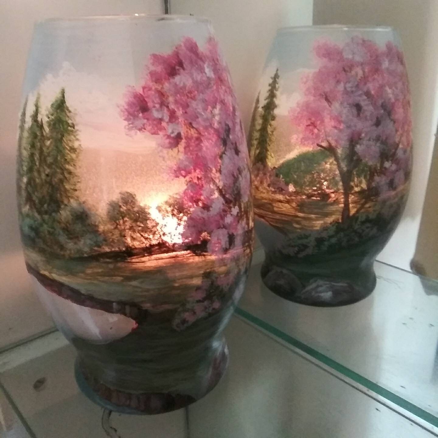 Glass Art Vase Candle Holder: Lake & Cherry Blossom Landscape - Thumbnail 7