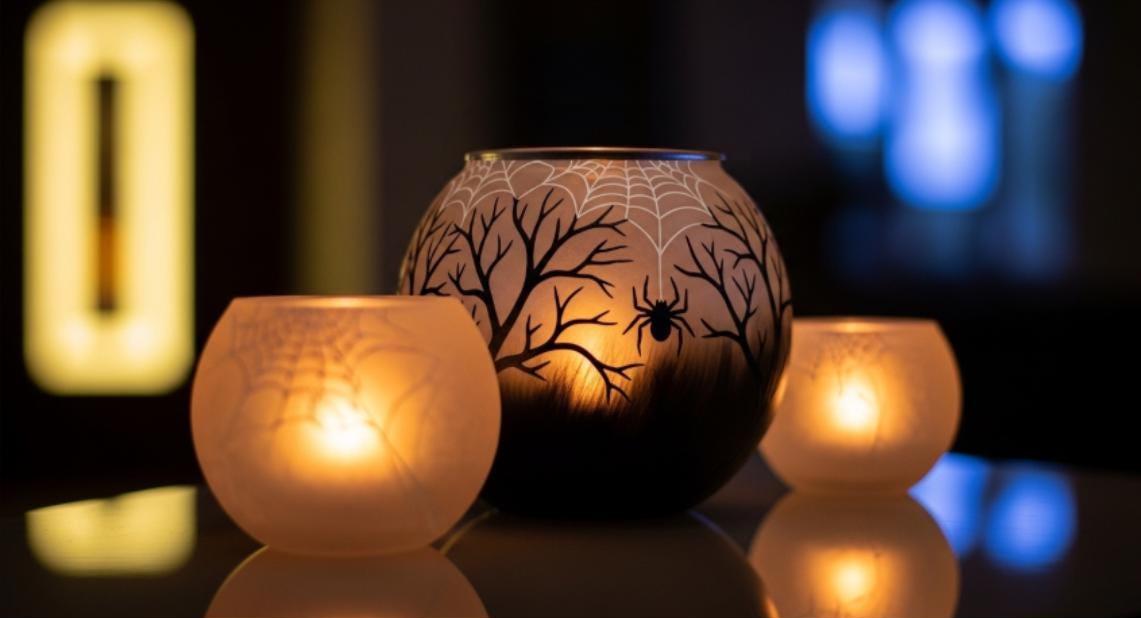 Hand Painted Spider and Spider web Candle Holder Glass Bowl