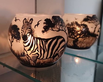Zebra in savanna hand painted candle holder 4"x5"