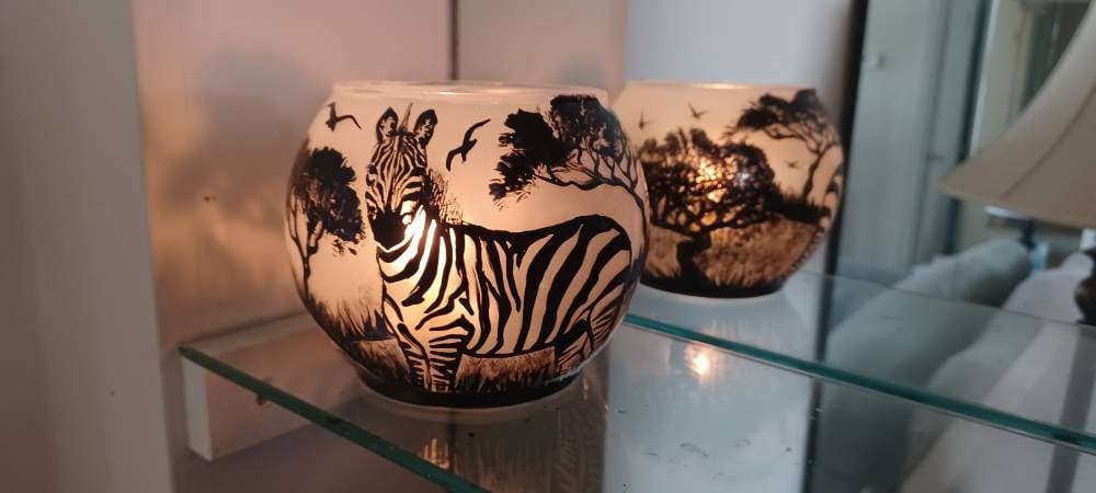 Zebra in savanna hand painted candle holder 4"x5"