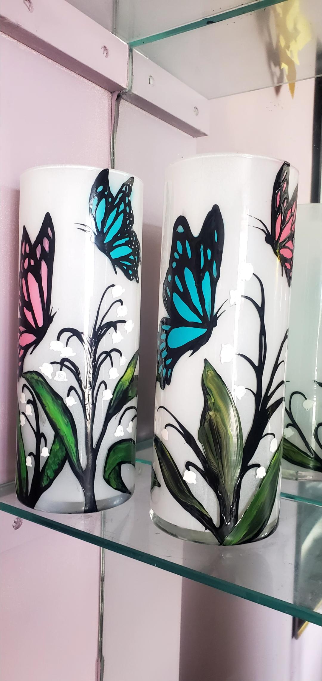 Hand Painted Butterfly & Lily Candle Holder Set: Cylinder Glass Gift - Image 1