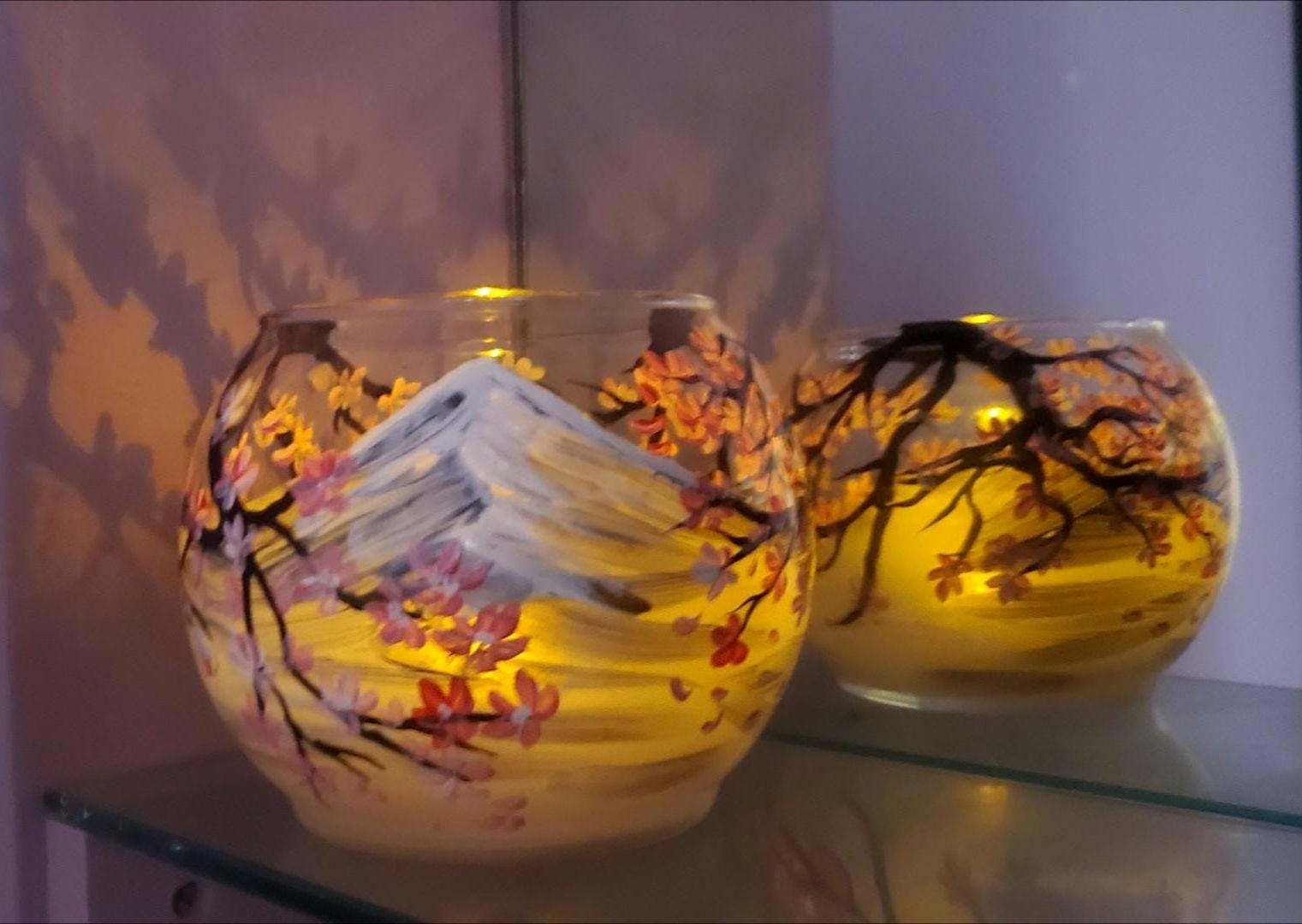 Hand Painted Cherry Blossom Candle Holder: Japanese Mountain Art Glass Bowl (4.9") - Thumbnail 2