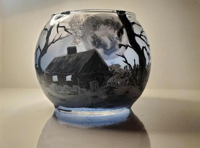 Hand Painted Winter House Candle Holder: Holiday Shadow Scene - Thumbnail 3