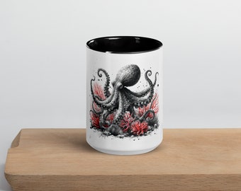 Mug with Color Inside octopus coral reef ,gift , coffee , fun , art ,unique