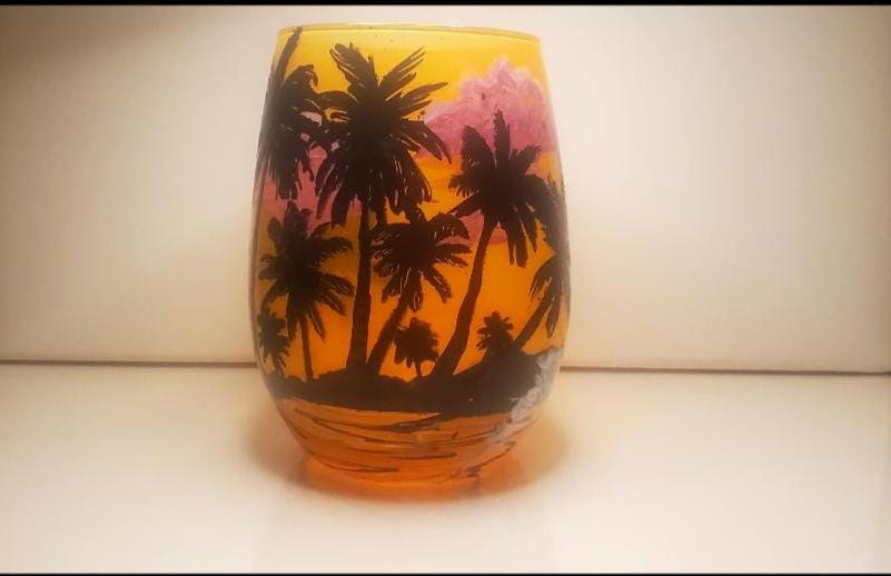Hand Painted Island Beach Candle Holder: Sunset Palm Tree Decor - Thumbnail 3