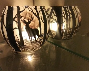 Deer in the wood hand painted candle holder glass bowl