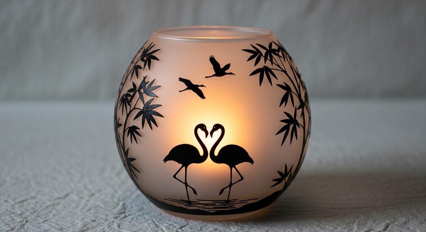Hand Painted Flamingo Candle Holder: Bamboo Moonlit Glass Bowl