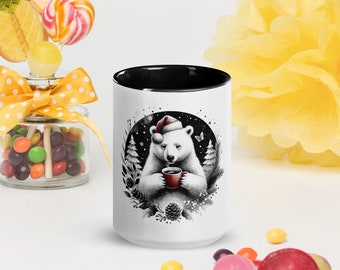 Mug with Color Inside polar bear with red hat  drinking coffee winter night Christmas gift
