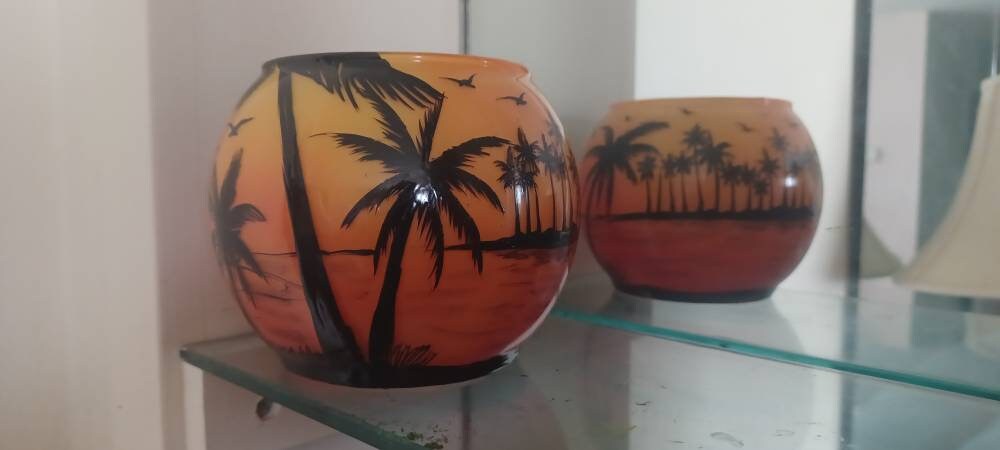 Sunset color beach hand painted candle holder, palm trees - Thumbnail 7