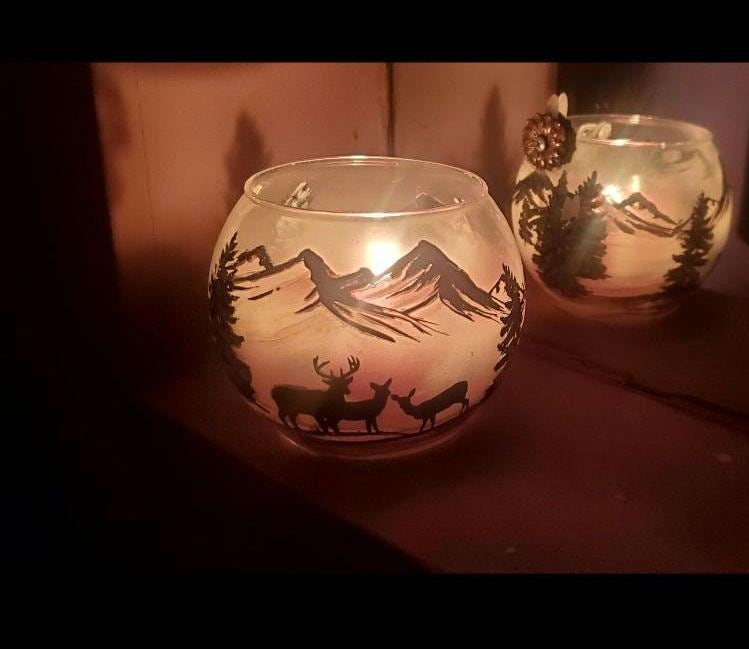Hand Painted Deer Glass Candle Holder: Winter Mountain Scene - Thumbnail 4