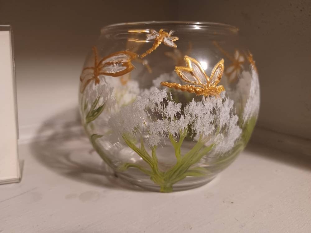 dragonflies with a little foliage hand painted candle holder glass 4x5" - Thumbnail 4
