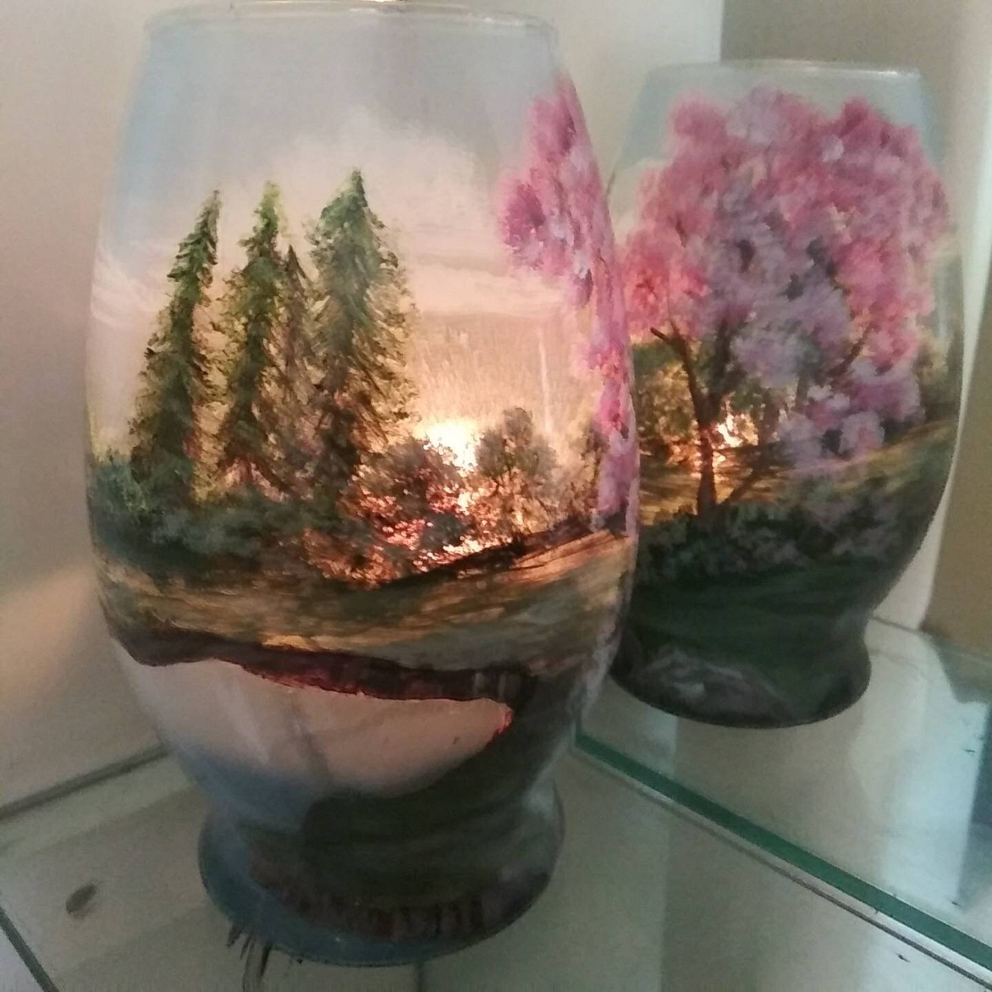 Glass Art Vase Candle Holder: Lake & Cherry Blossom Landscape - Thumbnail 5