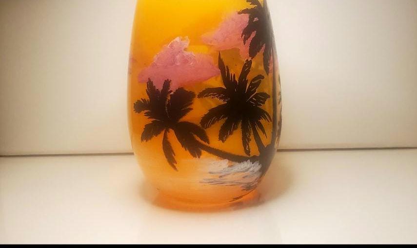 Hand Painted Island Beach Candle Holder: Sunset Palm Tree Decor - Image 1
