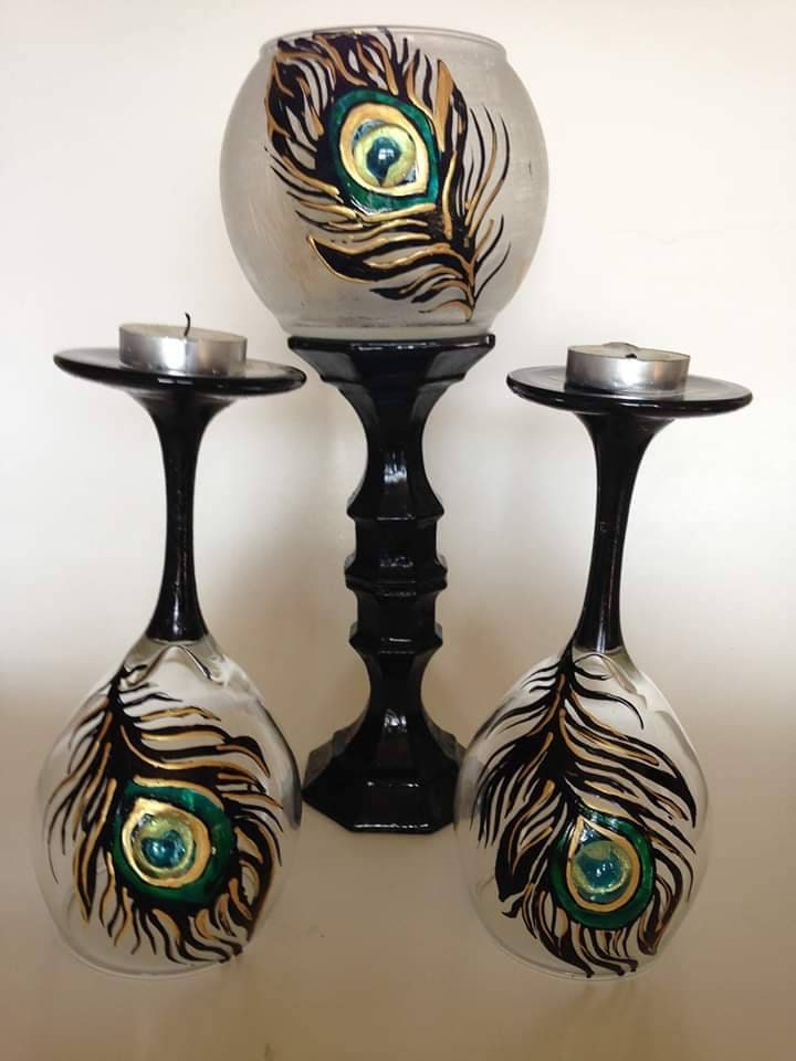 Peacock feather candle holder handpainted tea light glass bowl set of 3