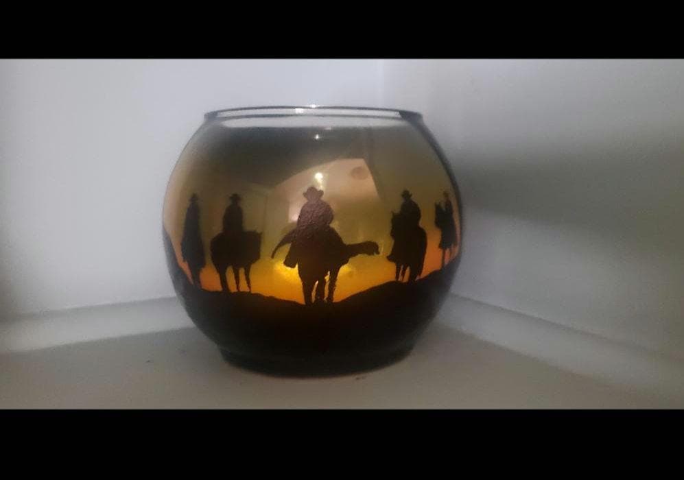 Group of cowboys ,horses, sunset, hand painted candle holder sunset color 4x5" - Thumbnail 4