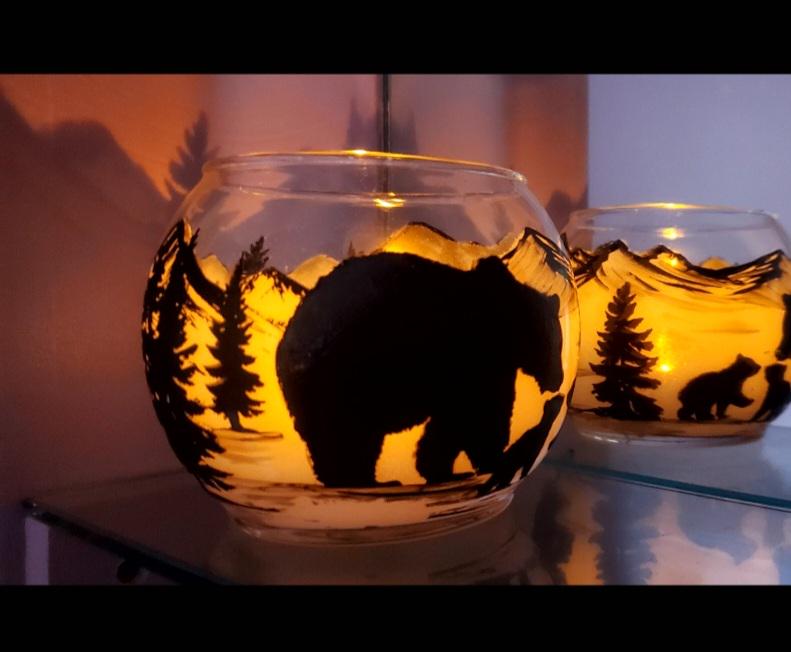 Hand Painted Bear Landscape Candle Holder (4x5) - Thumbnail 4