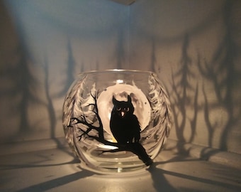 Black Owl in tree's branch , moon snow and pine trees hand painted shadow candle holder