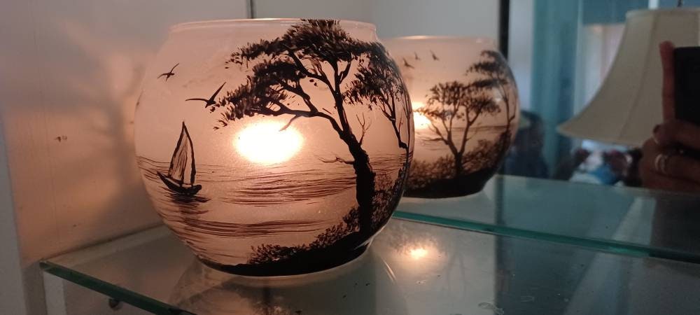 Beach and Monterey cyprus trees hand painted candle holder 4"x5" - Thumbnail 7
