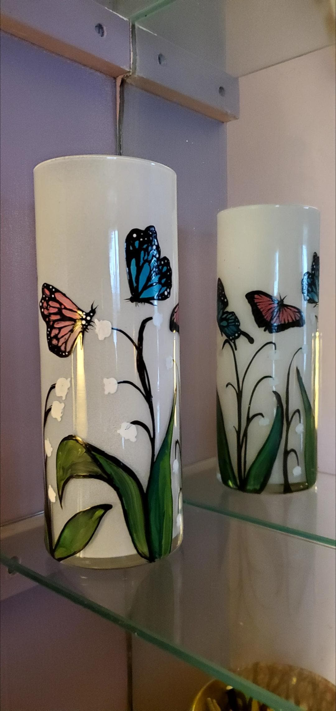 Hand Painted Butterfly & Lily of the Valley Glass Candle Holder (3x9") - Thumbnail 5