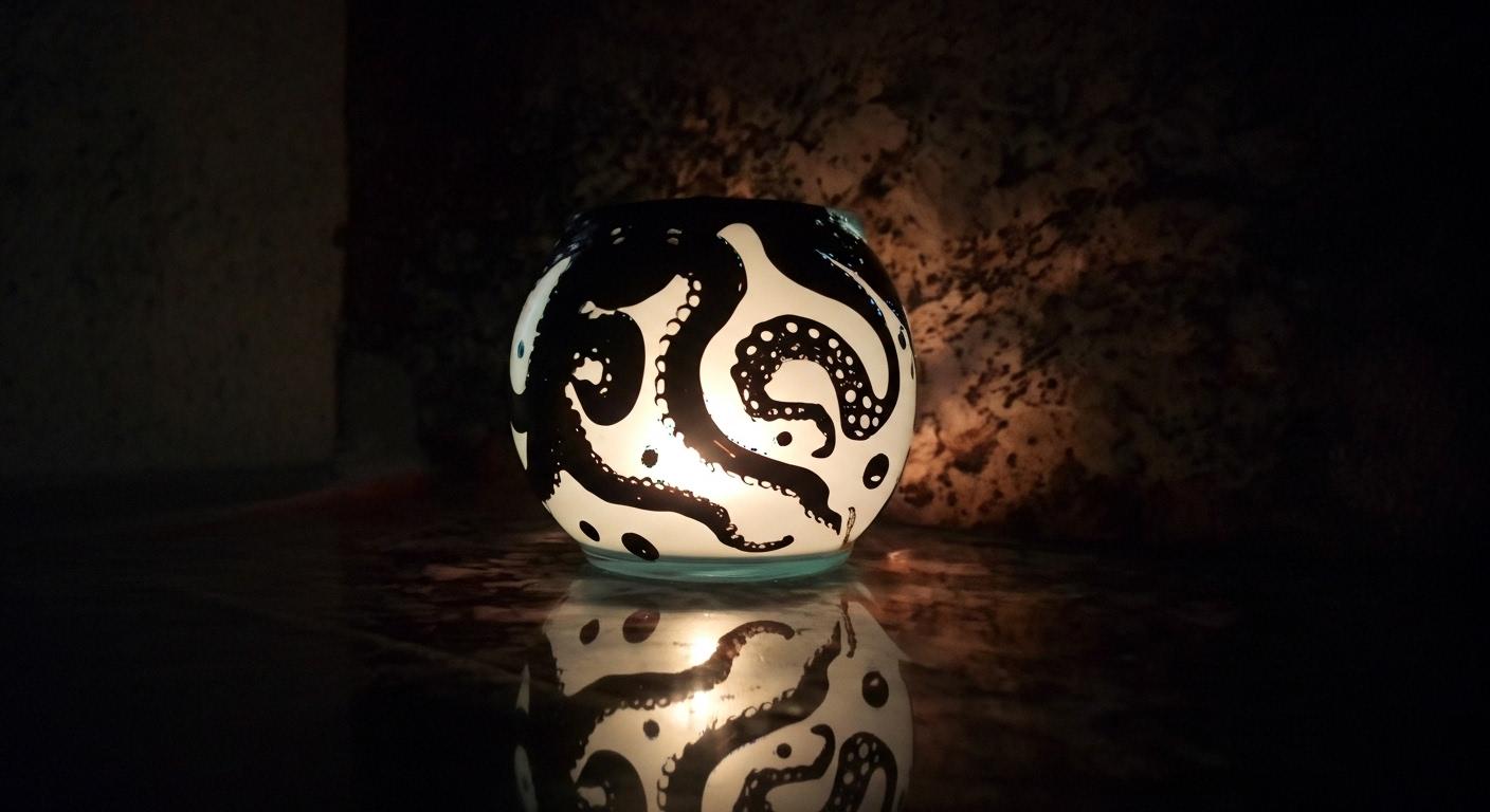Black and white Octopus under the sea, hand painted candle holder - Thumbnail 2
