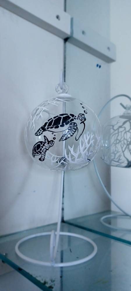Sea turtle and coral reef under the sea  hand painted  hanging candle holder - Thumbnail 3