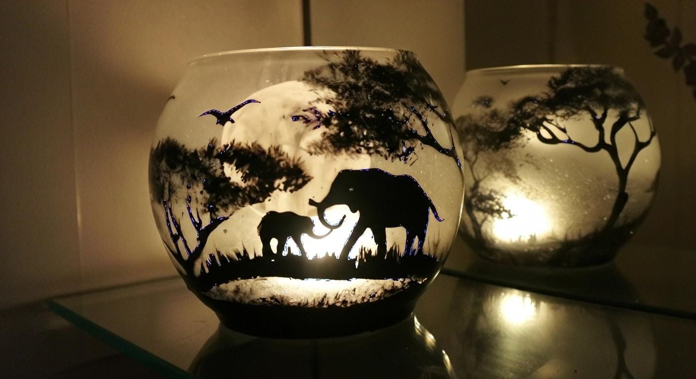 Hand-Painted Elephant Candle Holder: African Safari Silhouette Art - Thumbnail 6