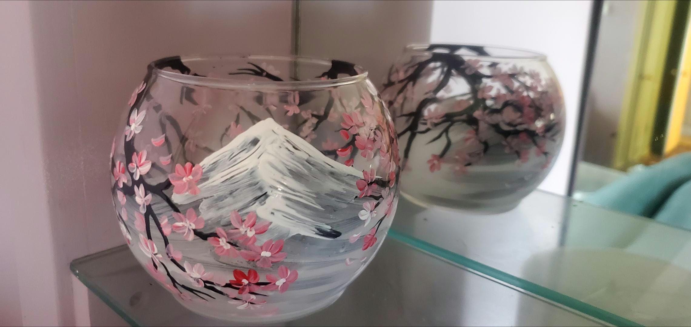 Hand Painted Cherry Blossom Candle Holder: Japanese Mountain Art Glass Bowl (4.9") - Thumbnail 3