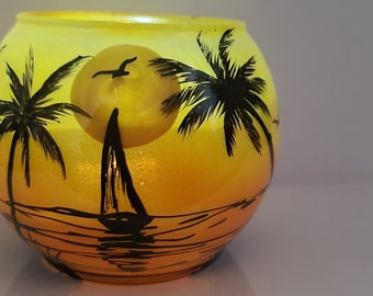 Sunset in the beach hand painted candle holder