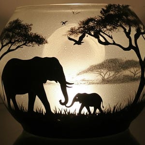 Mom elephent and baby elephant hand-painted candle holder glass bowl gift