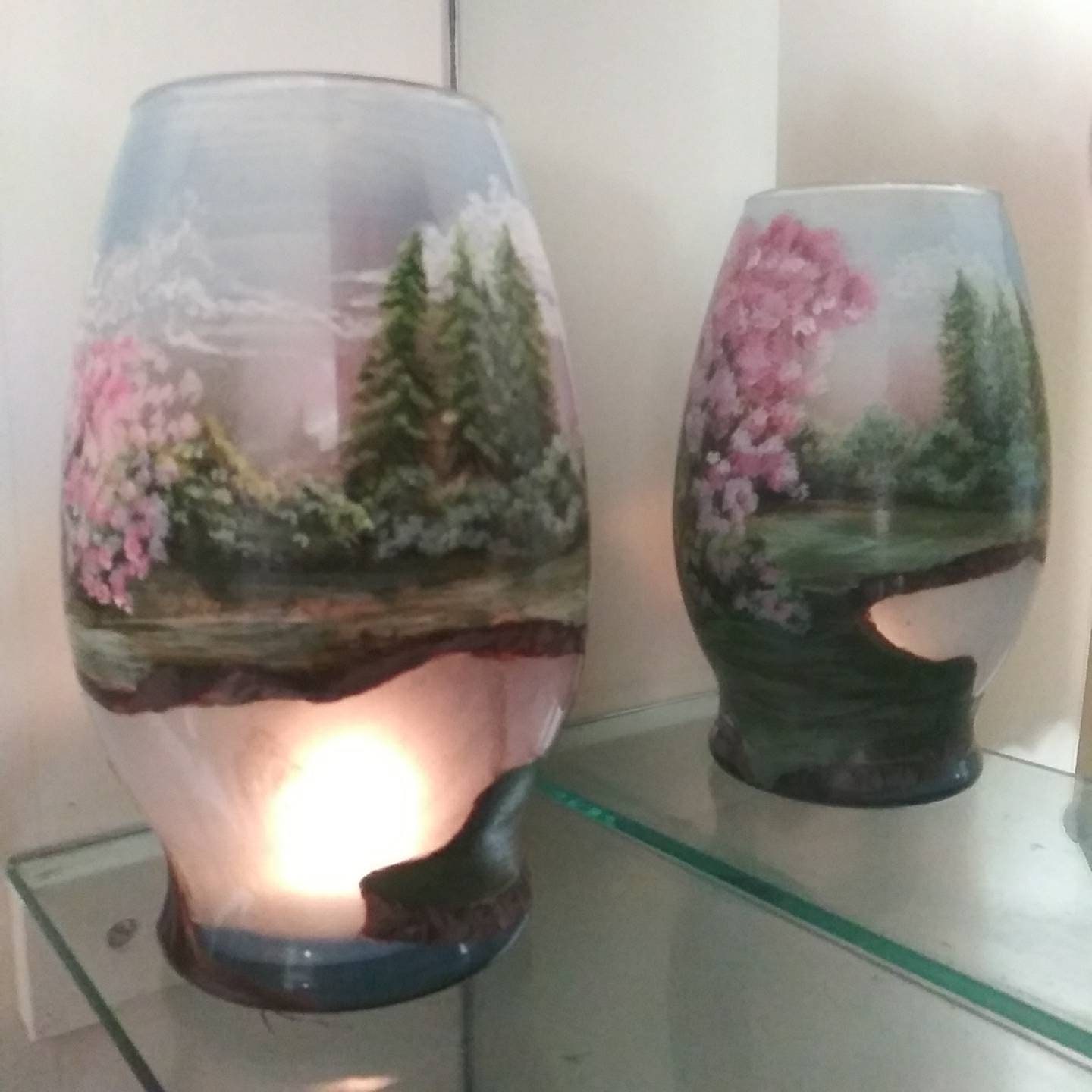 Glass Art Vase Candle Holder: Lake & Cherry Blossom Landscape - Thumbnail 4