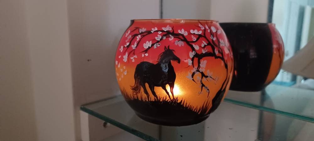 Horse and white cherry blossom tree with sunset hand painted candle holder - Thumbnail 3