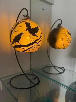 Crow Hand Painted Hanging Candle Holder Unique Halloween Decor Gothic Glass Tealight Nature Gift - Thumbnail 2