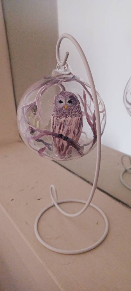 Snow owl snow flex and branch Hand painted candle holder - Thumbnail 2
