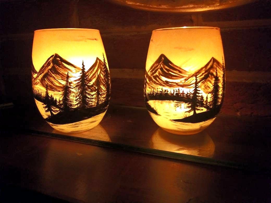 Hand Painted Mountain Lake Sunset Glass Candle Holder - Image 1