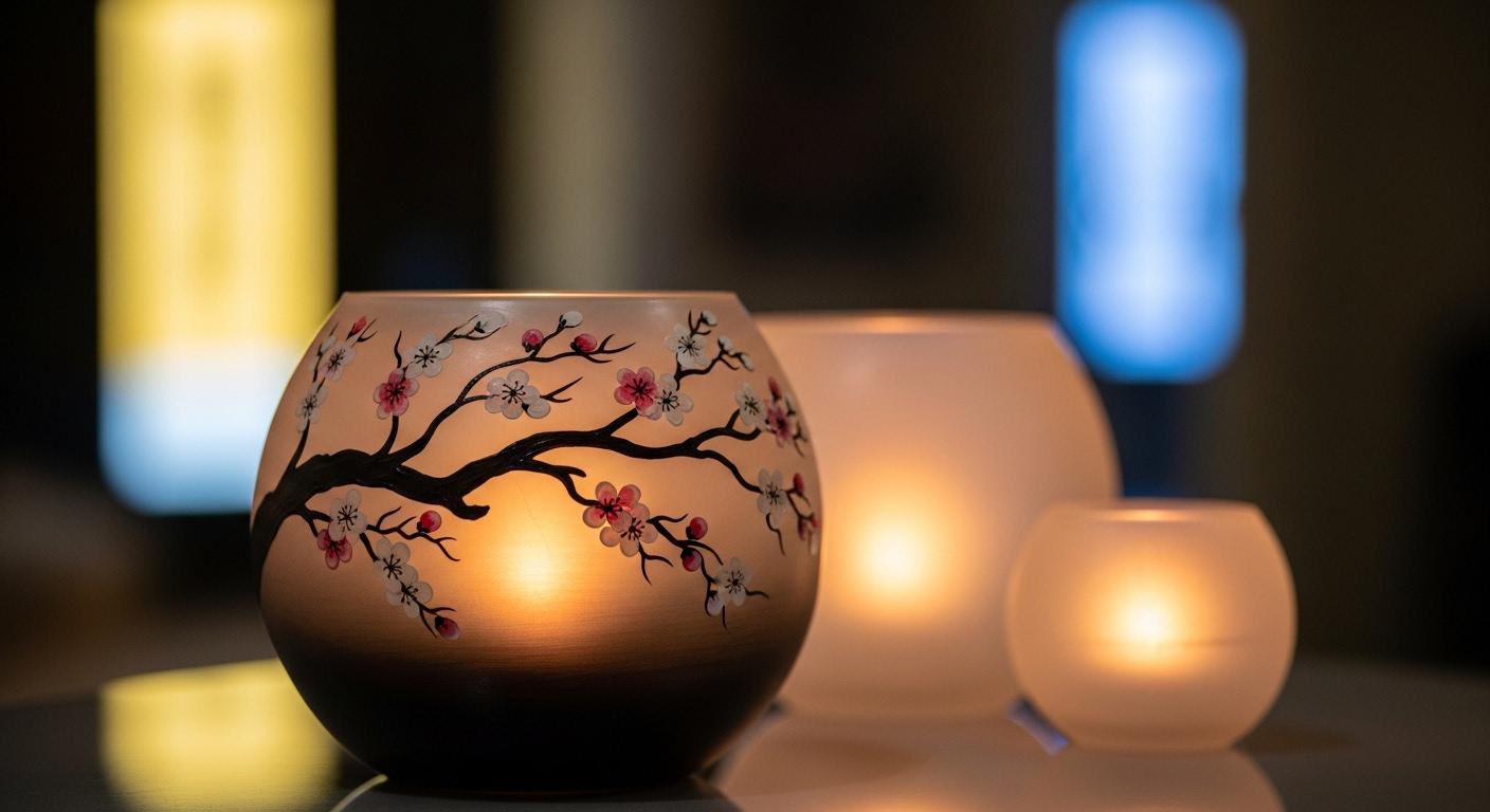 Hand Painted Cherry Blossom Glass Candle Holder: Moonlit Art - Thumbnail 2
