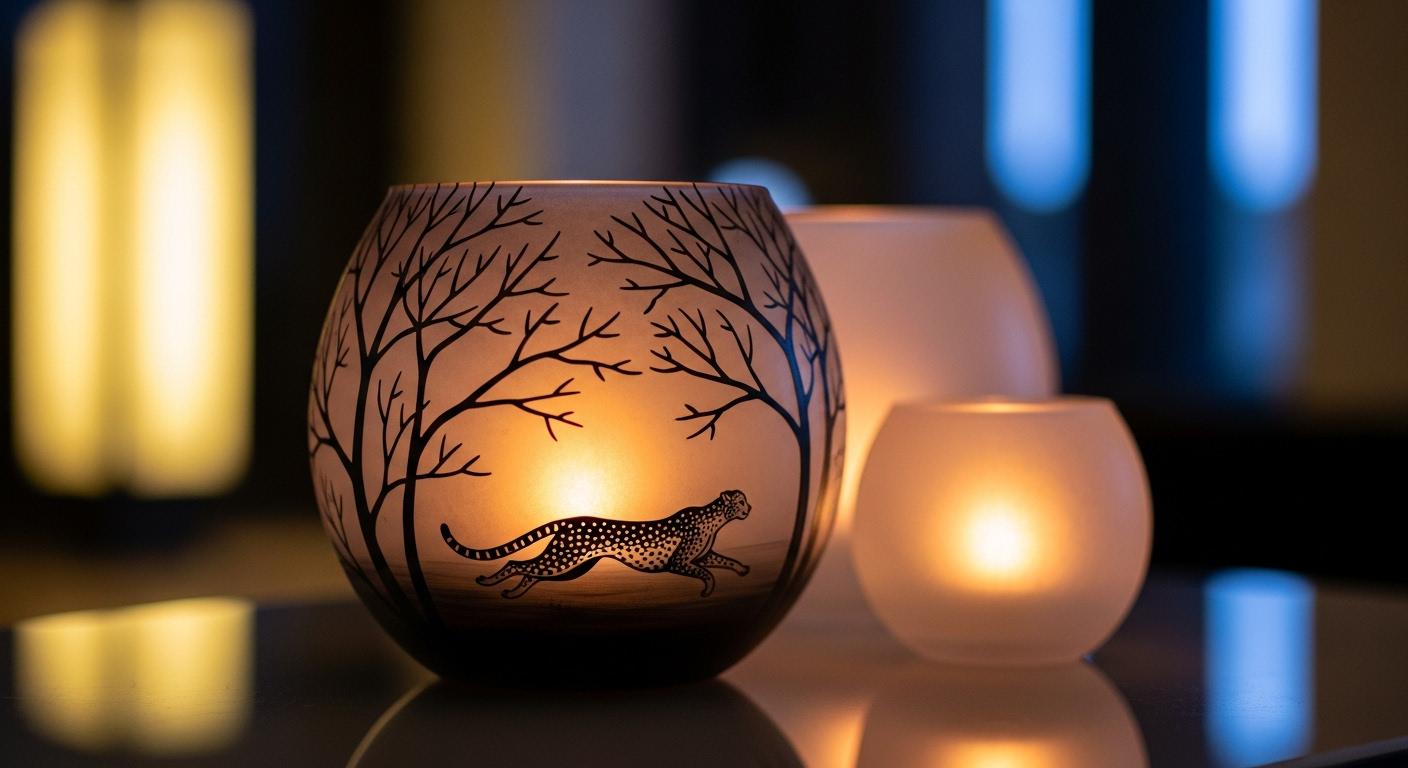 One Unique PC hand painted cheetah in savanna candle holder glass