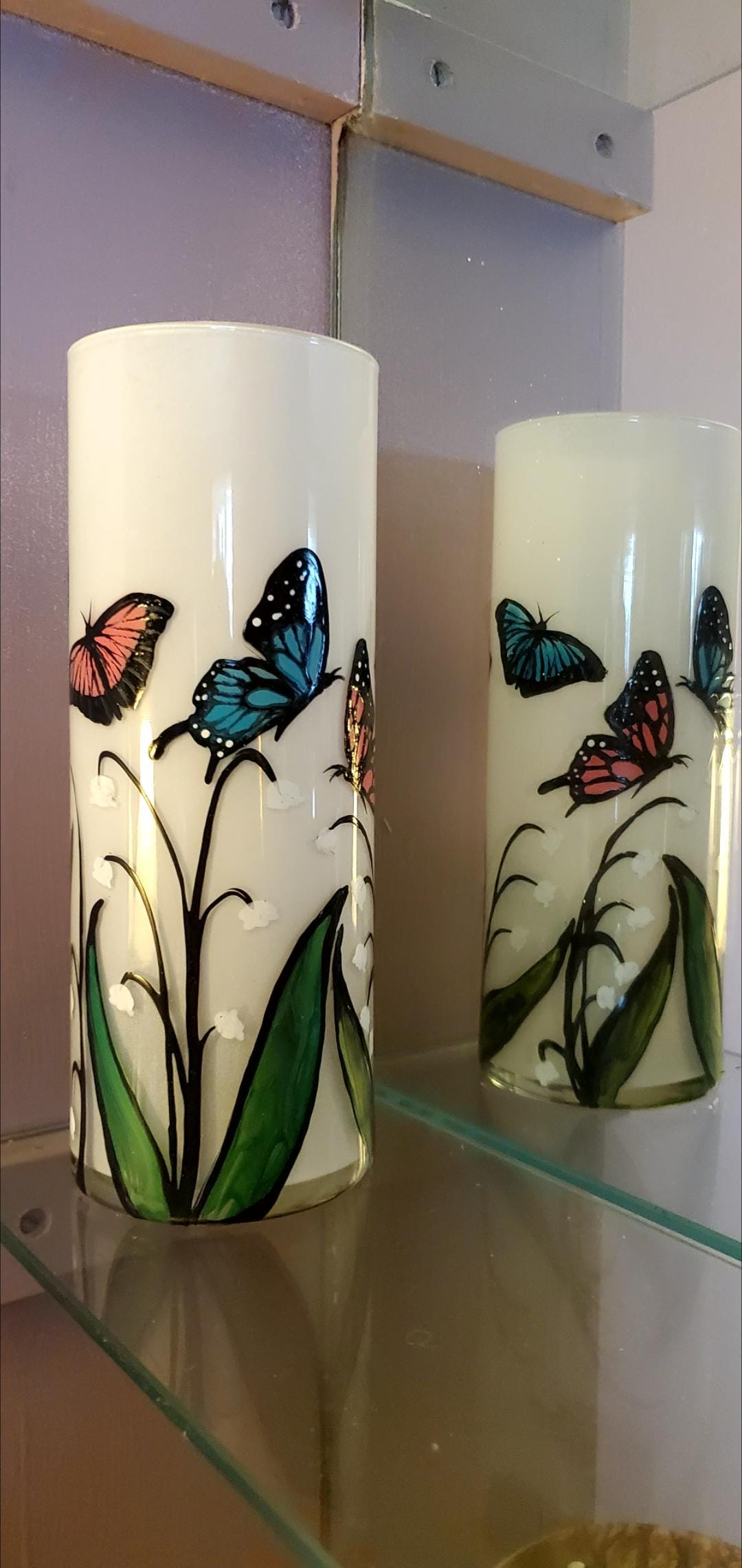 Hand Painted Butterfly & Lily of the Valley Glass Candle Holder (3x9") - Thumbnail 3