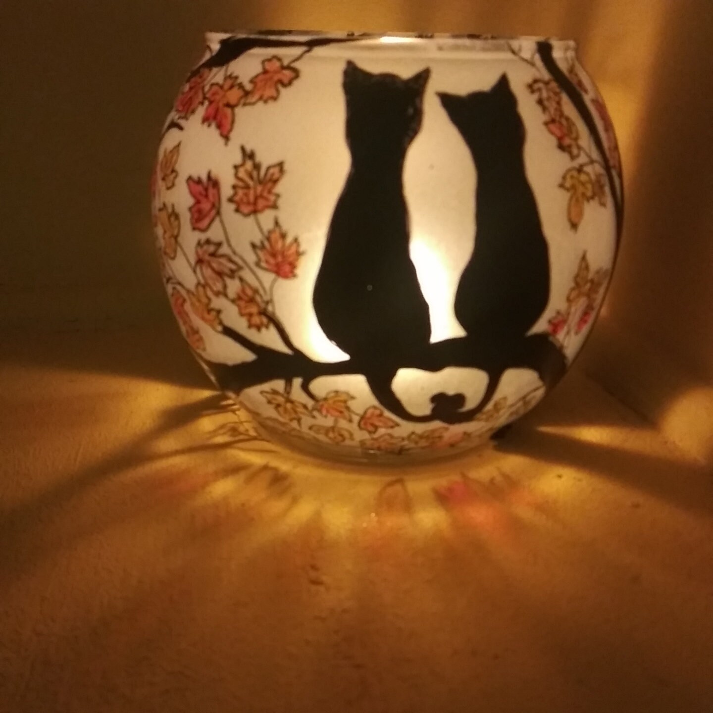 Hand Painted Cat Candle Holder: Autumn Leaves, Whimsical Gift - Thumbnail 4