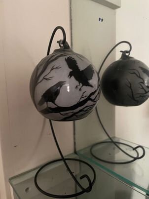 Crow Hand Painted Hanging Candle Holder Unique Halloween Decor Gothic Glass Tealight Nature Gift - Thumbnail 3