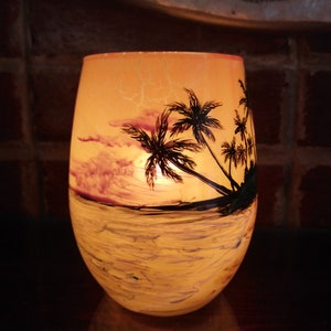 Island beach hand painted candle holder sunset colors palm trees and sand white waves