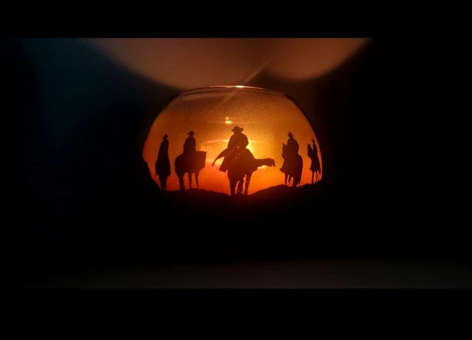 Group of cowboys ,horses, sunset, hand painted candle holder sunset color 4x5" - Thumbnail 6