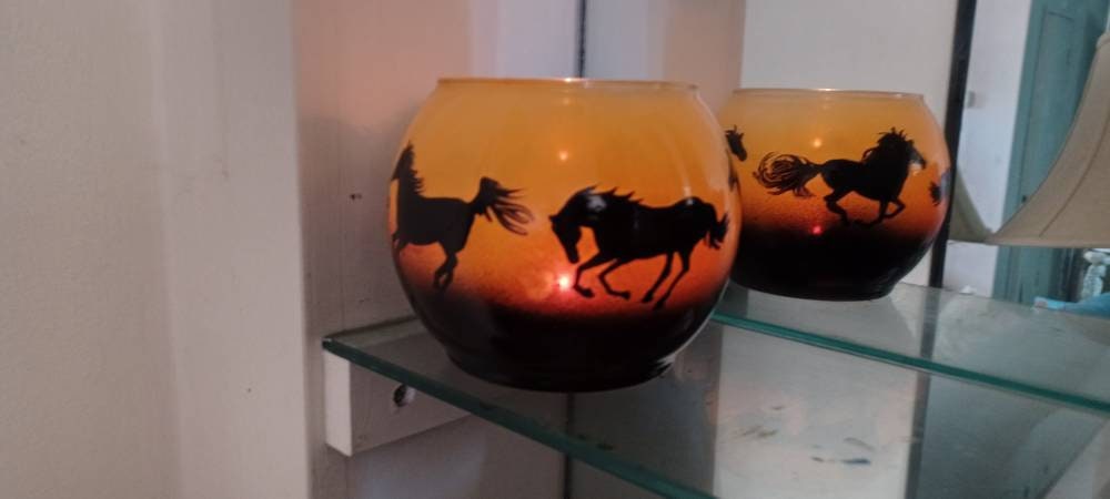 Running horses hand painted candle holder sunset color - Thumbnail 2
